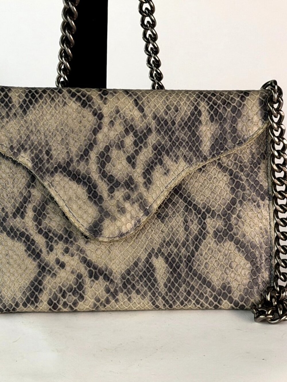 JJ Winters Snakeskin Envelope Crossbody Bag Gray Python Print Chain Strap Clutch
